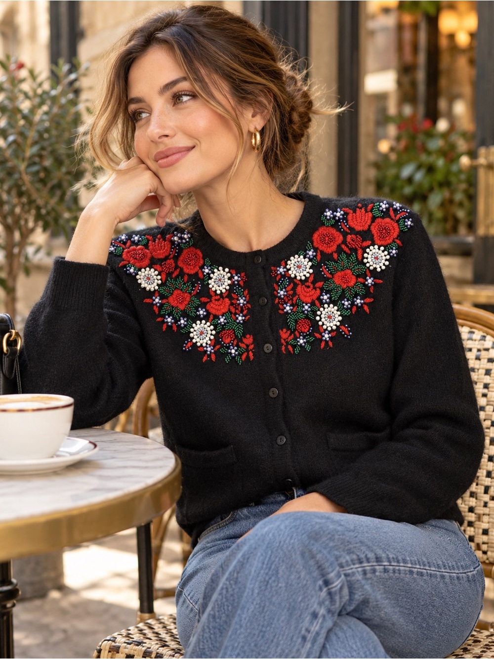 Vintage 90s JOYE + FUN Lambswool Beaded Floral Cardigan Size S Made in Hong Kong